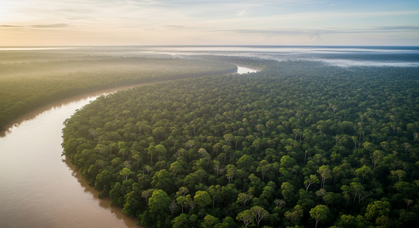 Vista aérea da Floresta Amazônica, no Norte do Brasil, com um rio serpenteando entre a densa mata verde sob neblina matinal