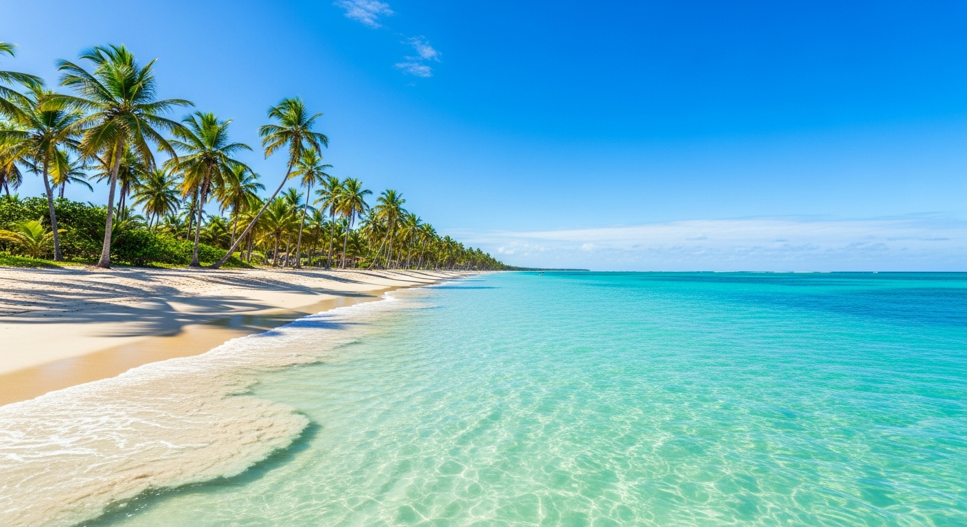 Praia ensolarada do litoral nordestino brasileiro, com águas cristalinas cor de turquesa, coqueiros e céu azul