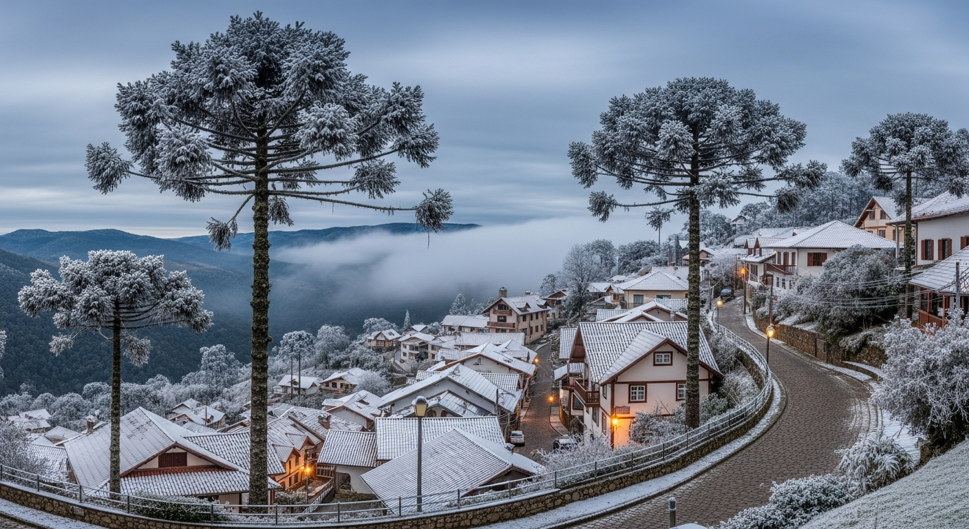 Cidadezinha de serra no Sul do Brasil em manhã de inverno, com telhados e araucárias cobertos por geada e uma fina camada de neve